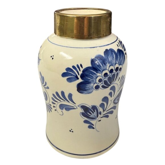 De Delftse Pauw 4.5" Vase Hand-Painted Ceramic With Brass Rim 418 Holland RARE - Picture 8 of 13